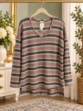 Blu Pepper Striped Open Knit Tunic Sweater Small Brown Gray Boho DB4584